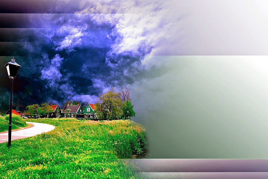 Dutch Village Canal Scene with Dramatic Storm Clouds and Lush Green Meadow HD wallpaper