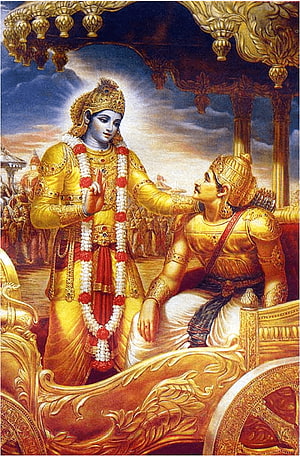 Krishna Blessing Arjuna in the Bhagavad Gita Scene HD phone wallpaper