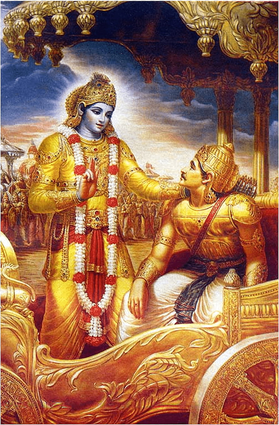 Krishna Blessing Arjuna in the Bhagavad Gita Scene HD phone wallpaper
