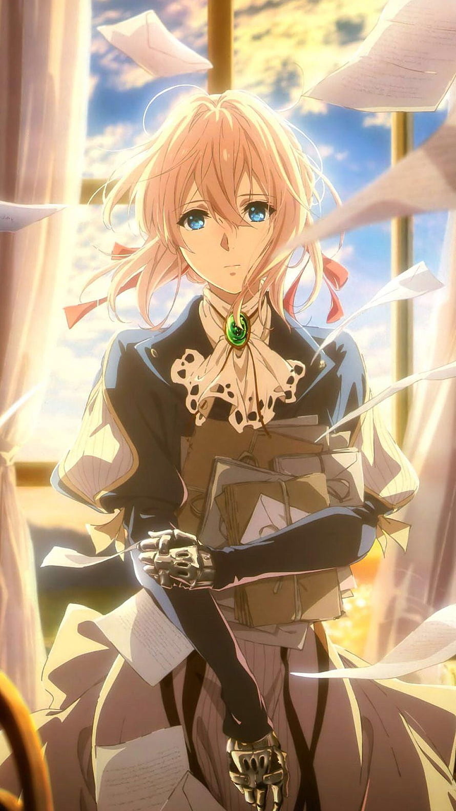 Violet Evergarden Anime Character Holding Books in Sunlit Room HD phone wallpaper