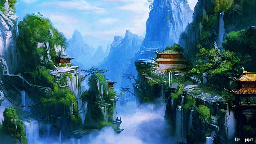 Mystical Asian Mountain Landscape with Traditional Temples and Waterfalls HD wallpaper