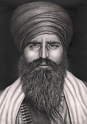 Realistic Pencil Portrait of Sikh Man with Turban and Bullet Bandolier, never forgot 84, sant jarnail singh khalsa HD phone wallpaper