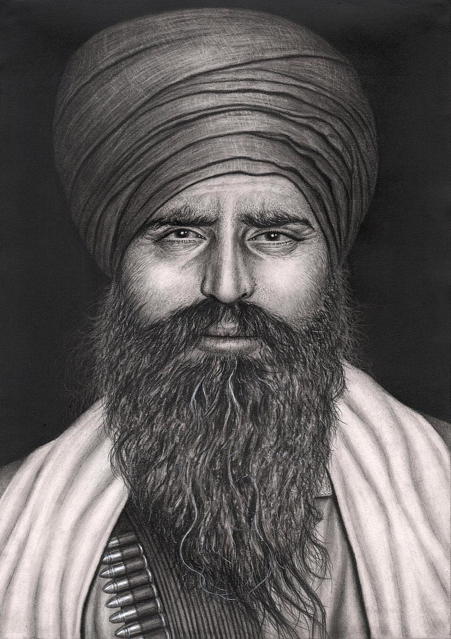 Realistic Pencil Portrait of Sikh Man with Turban and Bullet Bandolier, never forgot 84, sant jarnail singh khalsa HD phone wallpaper