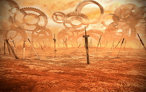 Unlimited Blade Works Fantasy Landscape With Giant Gears And Staked Swords HD wallpaper