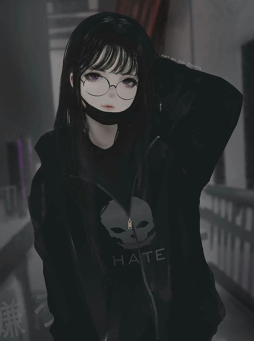 Dark Anime Girl With Round Glasses And Black Hoodie In Monochrome Style HD phone wallpaper