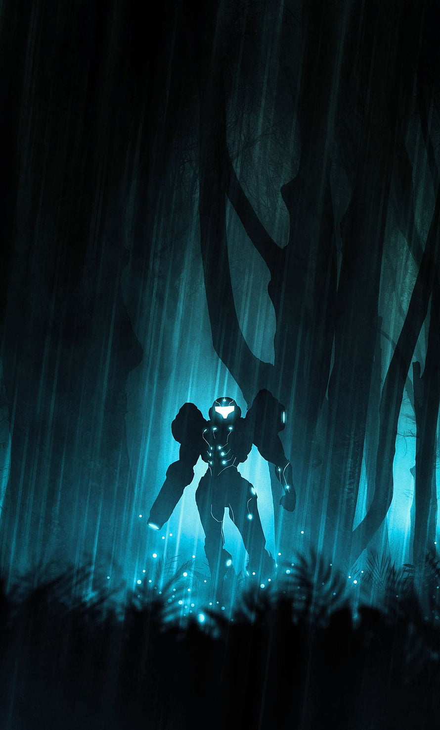 Samus Aran in Dark Forest with Glowing Armor and Bioluminescent Particles HD phone wallpaper