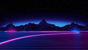 Retro 80s Synthwave Landscape With Neon Grid And Mountains HD wallpaper