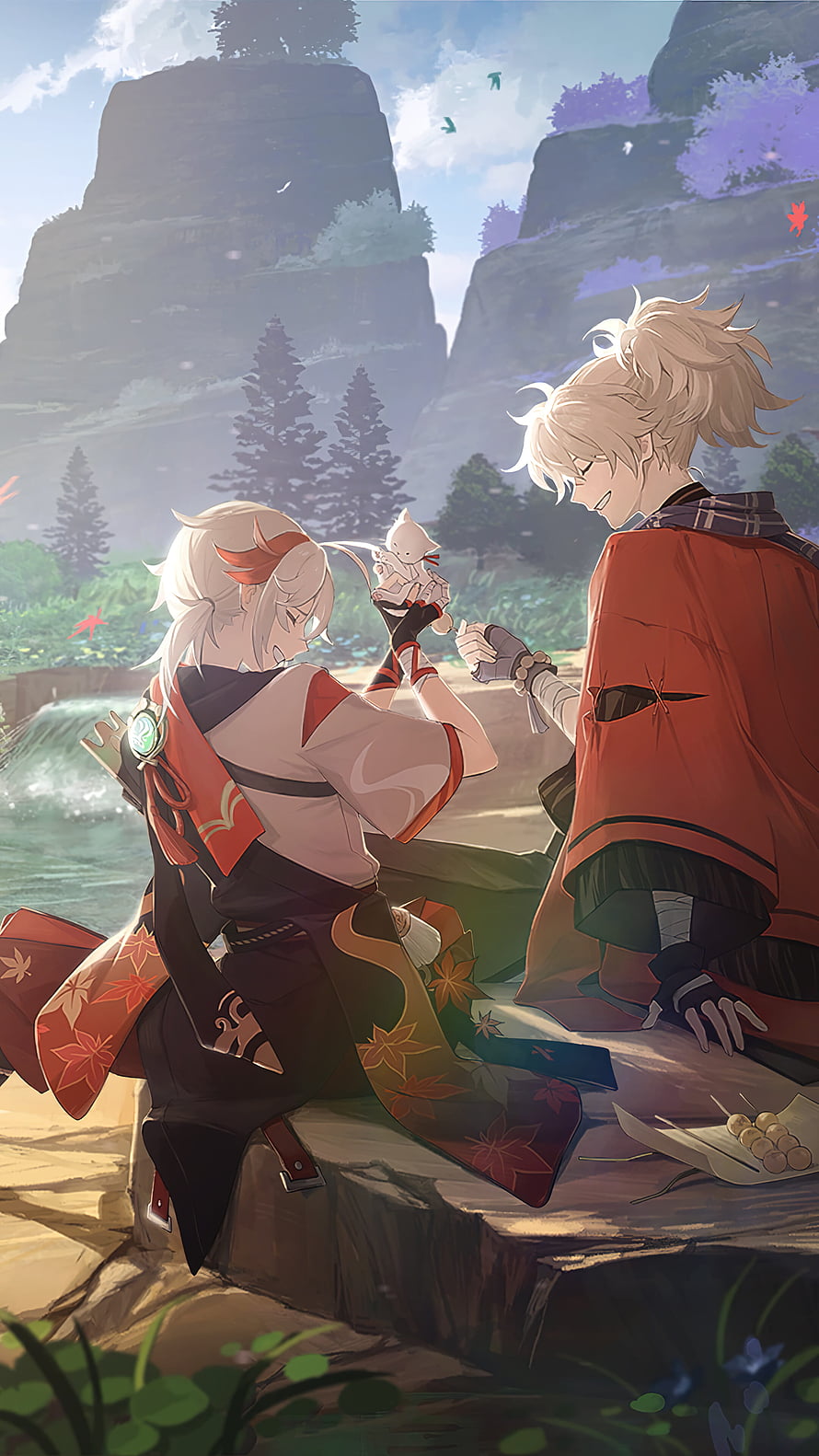 Kazuha and Paimon Sharing Dango in a Serene Genshin Impact Landscape HD phone wallpaper