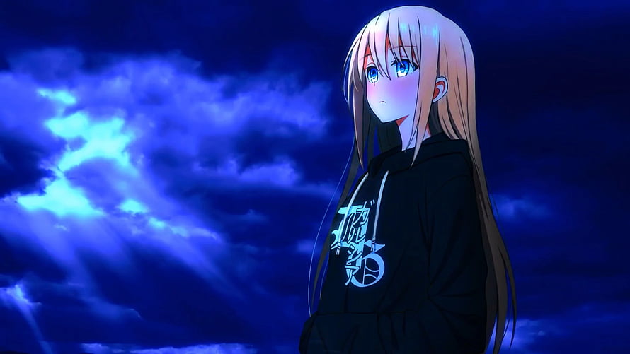Melancholic Anime Girl With Long Blonde Hair Under Dramatic Blue Stormy Sky HD wallpaper