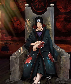 Itachi Uchiha Sitting on Stone Throne in Akatsuki Cloak Anime Wallpaper HD phone wallpaper