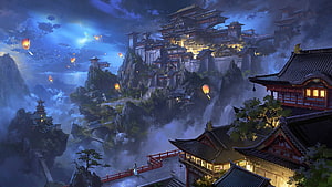 Mystical Japanese Mountain Temple at Night with Floating Lanterns and Waterfalls HD wallpaper