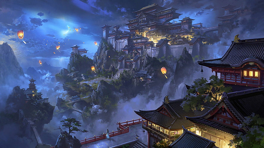 Mystical Japanese Mountain Temple at Night with Floating Lanterns and Waterfalls HD wallpaper