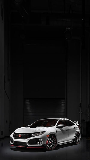 White Honda Civic Type R Sport Sedan in Dark Industrial Garage Setting HD phone wallpaper