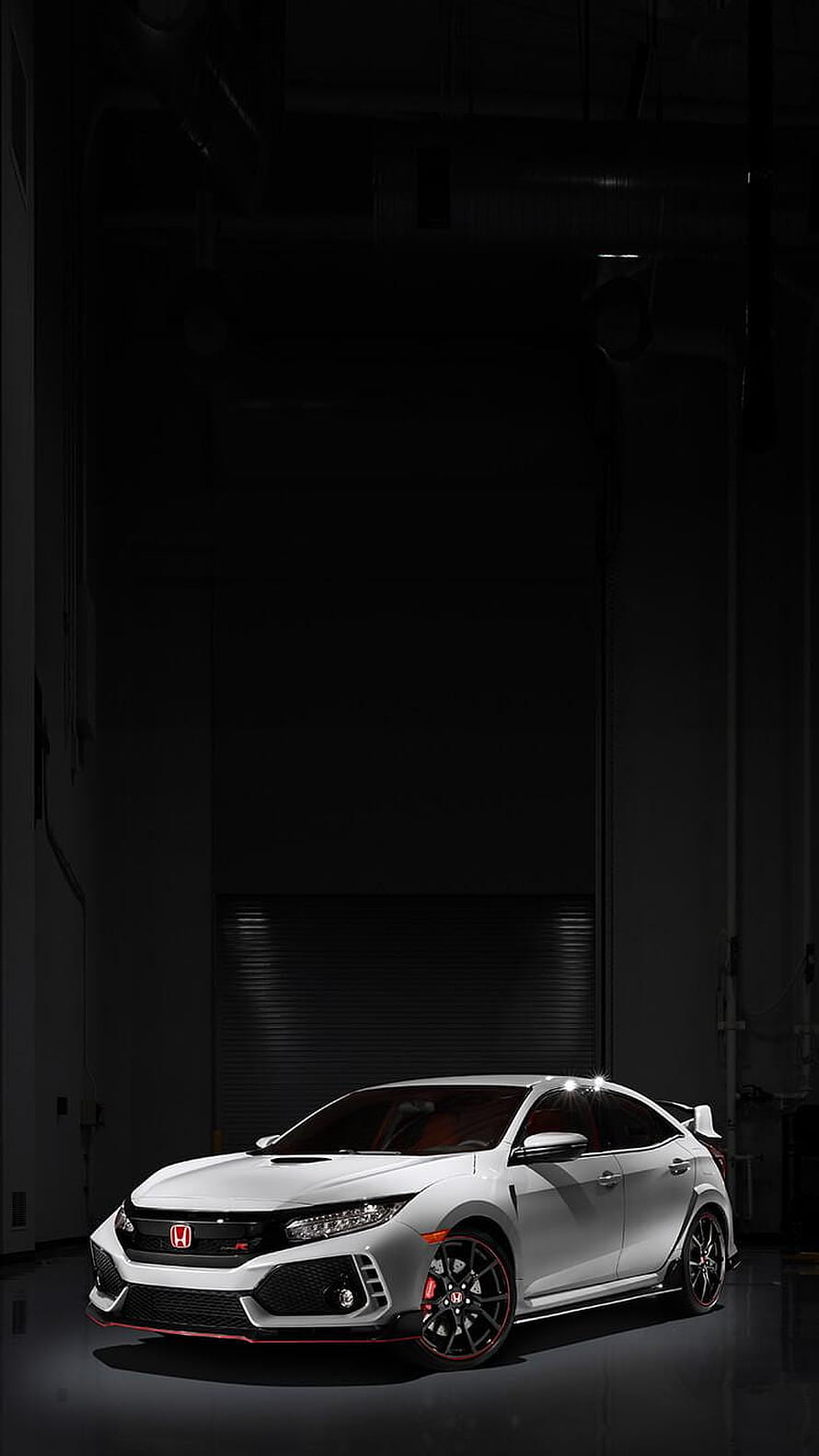 White Honda Civic Type R Sport Sedan in Dark Industrial Garage Setting HD phone wallpaper