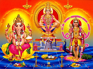 Ganesha, Murugan, and Parvati Hindu Deities Temple Artwork with Peacock and Lotus HD wallpaper