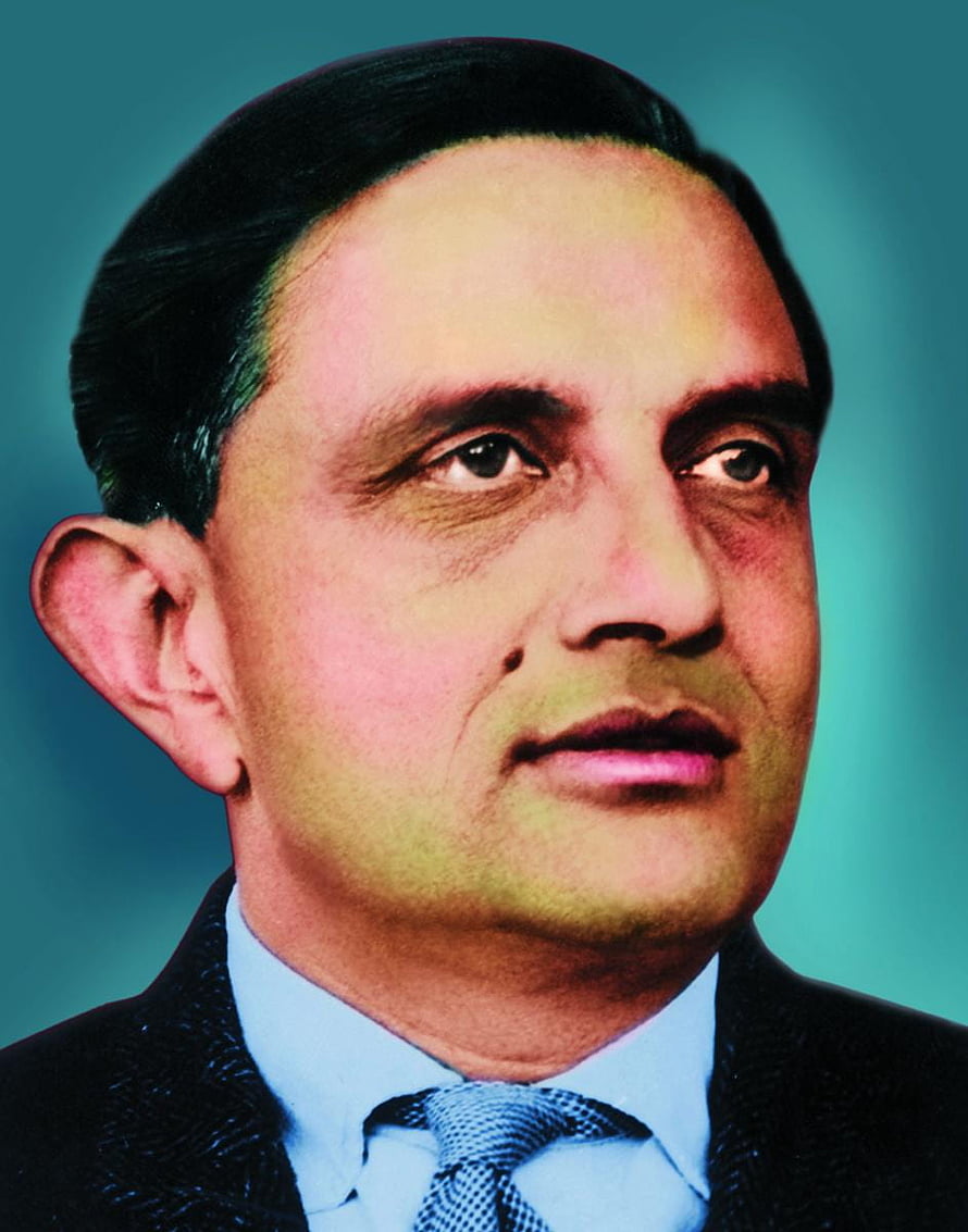 Vikram Sarabhai Portrait in Formal Suit and Tie Against Teal Background HD phone wallpaper
