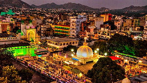 Aerial Night View of Ajmer Sharif Dargah with Illuminated Dome and Cityscape HD wallpaper