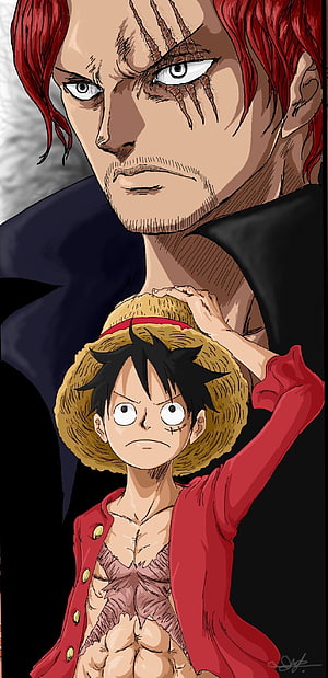 Luffy and Shanks Anime Character Portrait with Straw Hat and Red Hair HD phone wallpaper