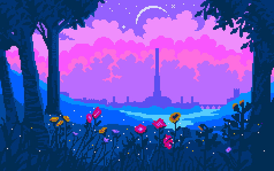 Pixel Art Night Landscape with City Skyline and Flowering Meadow HD wallpaper