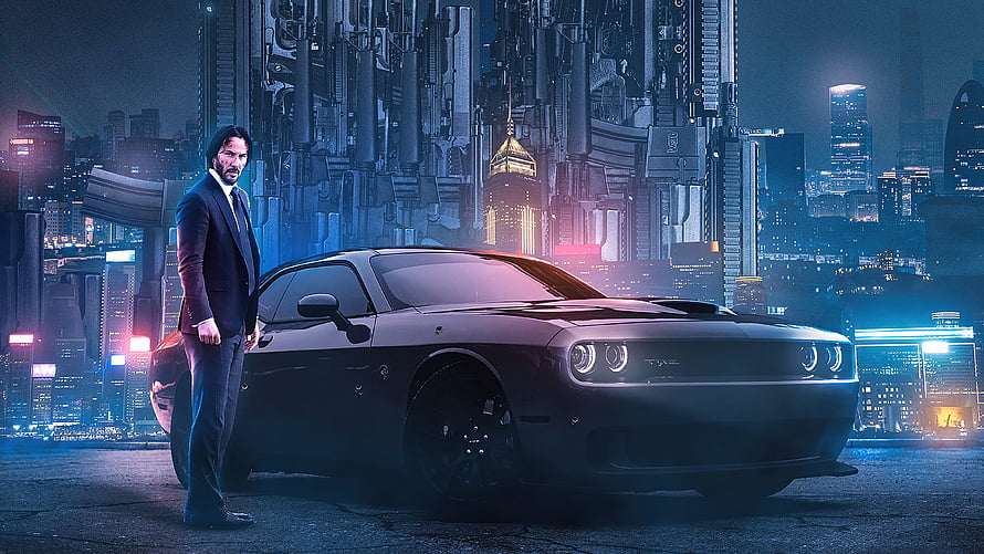Keanu Reeves as John Wick standing beside a Dodge Challenger in a futuristic neon cityscape HD wallpaper