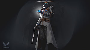 Cypher from Valorant in a white trench coat holding a glowing blue orb and a pistol in a dark setting HD wallpaper