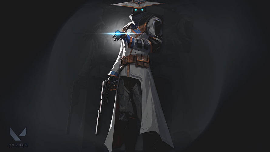 Cypher from Valorant in a white trench coat holding a glowing blue orb and a pistol in a dark setting HD wallpaper