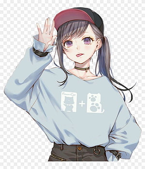 Cute Anime Girl Wearing Oversized Light Blue Sweatshirt and Red Cap HD phone wallpaper