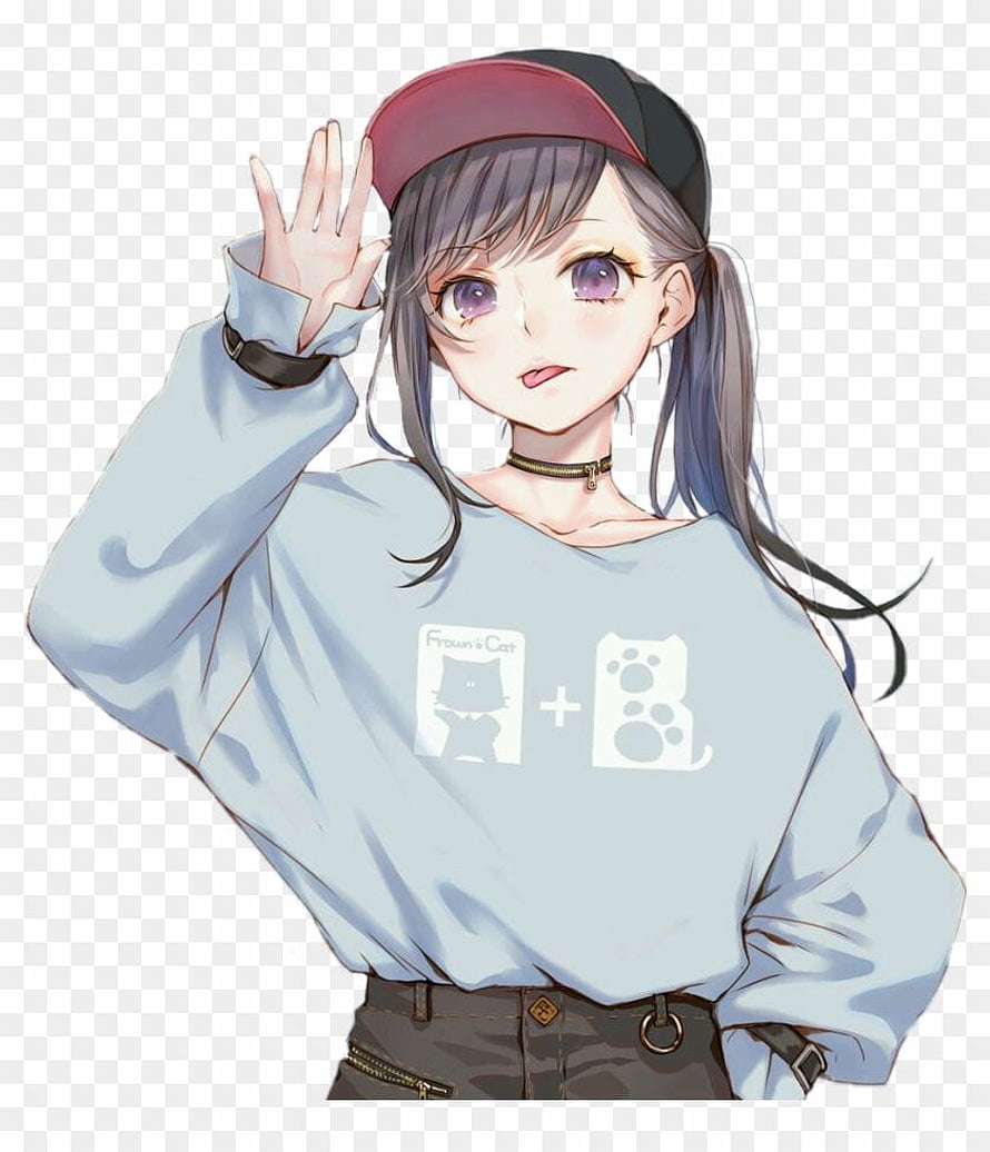 Cute Anime Girl Wearing Oversized Light Blue Sweatshirt and Red Cap HD phone wallpaper