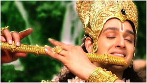 Sourabh Raj Jain as Lord Krishna in Mahabharat with Golden Flute and Ornate Crown HD wallpaper