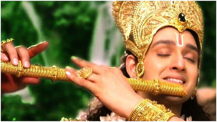 Sourabh Raj Jain as Lord Krishna in Mahabharat with Golden Flute and Ornate Crown HD wallpaper