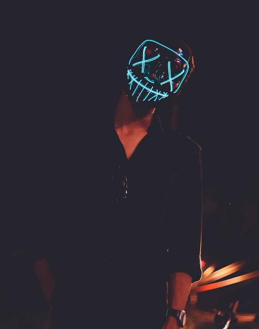 Person Wearing Glowing Blue LED LED Mask in Dark Night Setting HD phone wallpaper