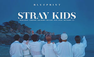 Stray Kids Blueprint Album Cover Art with Members in White Outfits by the Sea HD wallpaper
