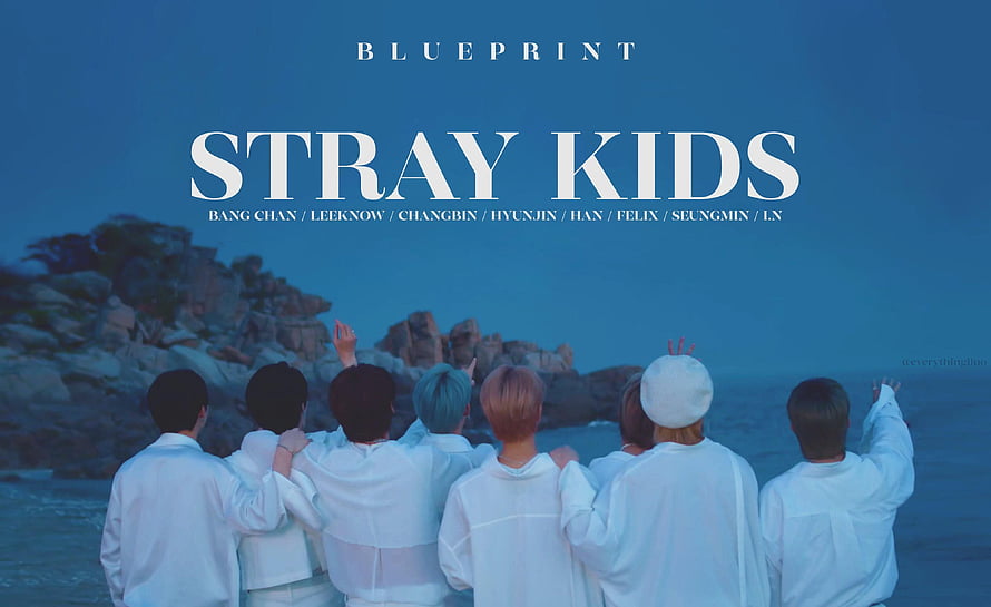 Stray Kids Blueprint Album Cover Art with Members in White Outfits by the Sea HD wallpaper