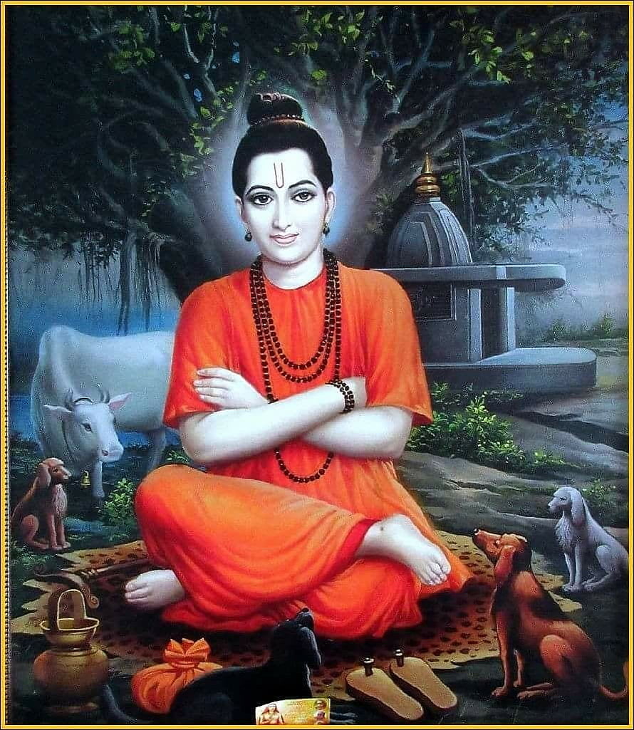 Sage Valmiki Sitting in Meditation Surrounded by Dogs and a Cow in a Forest HD phone wallpaper