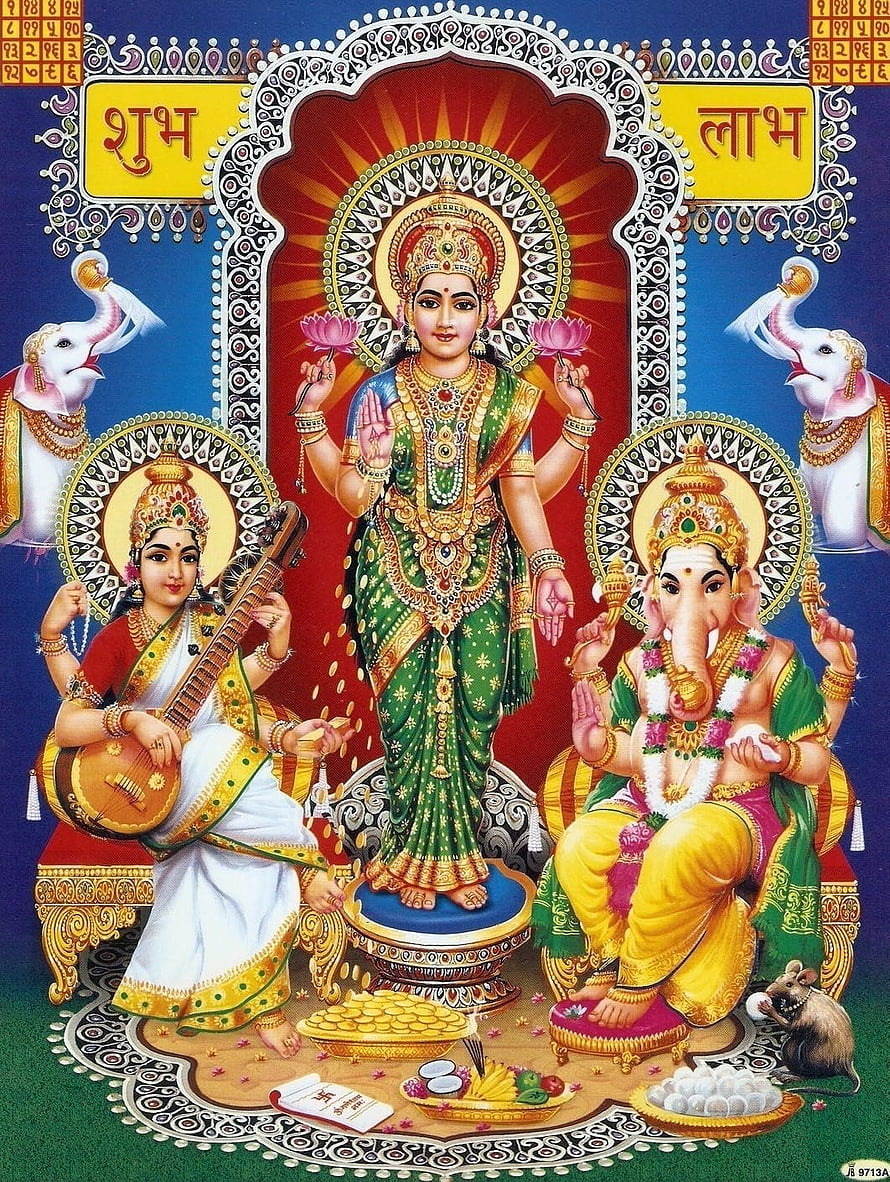 Lakshmi, Ganesha, and Saraswati Hindu Deity Illustration with Elephants and Offerings HD phone wallpaper