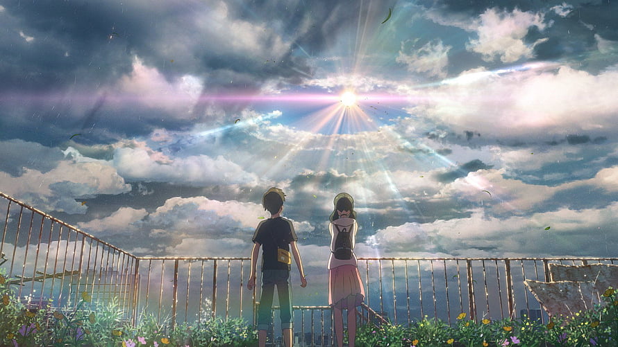 Suzume no Tojimari Anime Scene of Two Characters Gazing at a Dramatic Cloudy Sky HD wallpaper