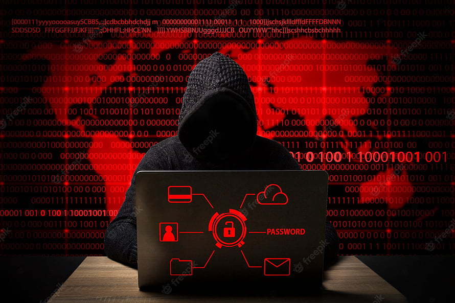 Anonymous Hacker in Hoodie Using Laptop with Cyber Security Icons and Red Binary Code Background HD wallpaper