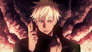 Gojo Satoru from Jujutsu Kaisen anime character portrait with blonde hair and blue eyes against a fiery background HD wallpaper