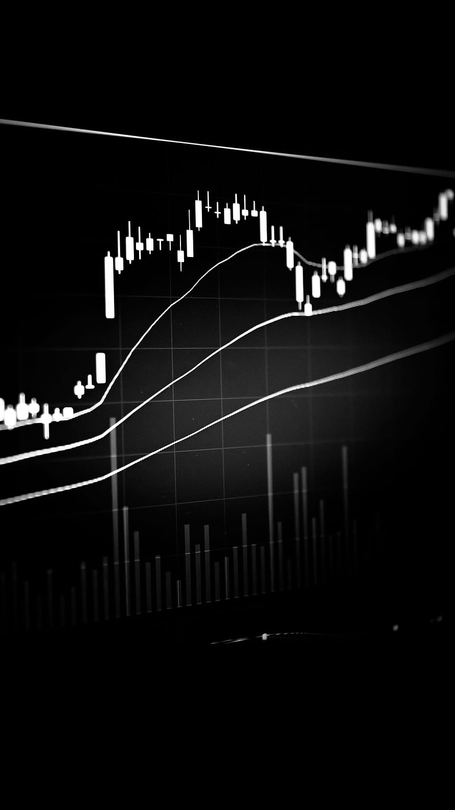 Black and White Financial Candlestick Chart with Moving Averages and Volume Bars HD phone wallpaper