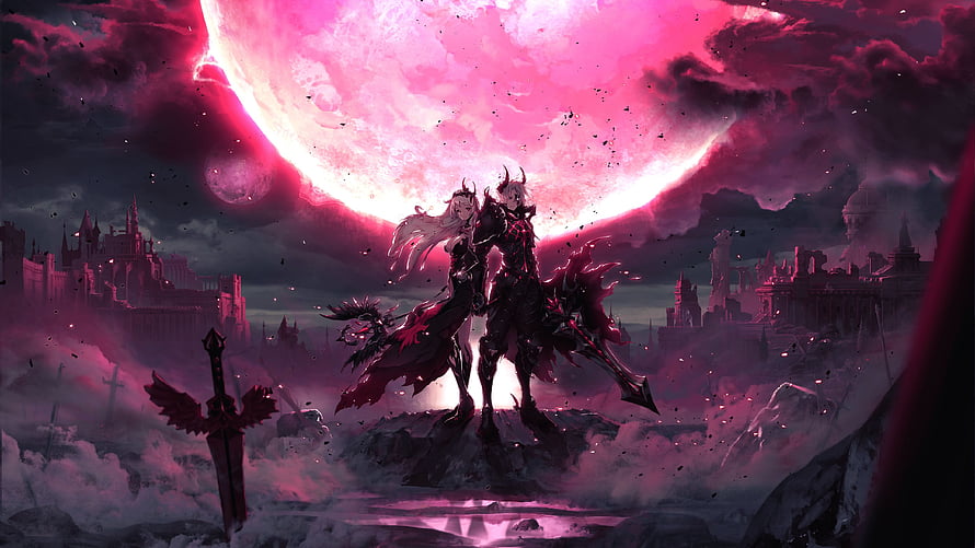 Dark Fantasy Anime Couple Standing on Cliff Under Giant Pink Moon HD wallpaper