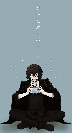 Dazai Osamu from Bungo Stray Dogs Playing a Mobile Game in Anime Style HD phone wallpaper