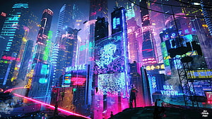 Neon Cyberpunk Cityscape with Futuristic Skyscrapers and Digital Billboards HD wallpaper