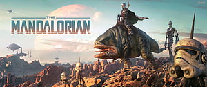 The Mandalorian promotional artwork featuring a rider on a reptilian mount with stormtroopers in a desert landscape HD wallpaper