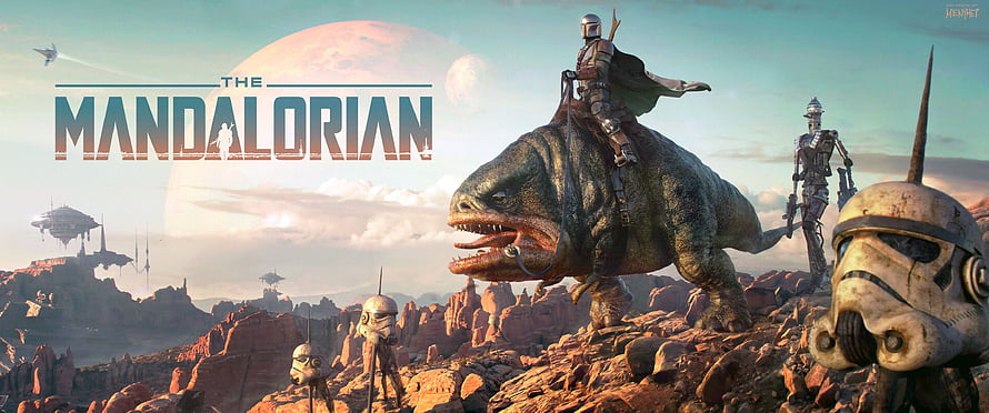 The Mandalorian promotional artwork featuring a rider on a reptilian mount with stormtroopers in a desert landscape HD wallpaper