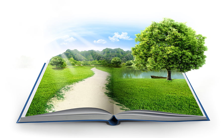 Open Book Revealing Lush Green Landscape with Path, Lake, and Mountains HD wallpaper