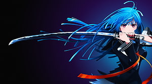 Anime Girl With Blue Hair Holding Katana Sword In Dark Blue Background HD wallpaper