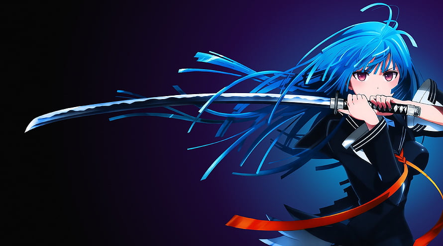Anime Girl With Blue Hair Holding Katana Sword In Dark Blue Background HD wallpaper