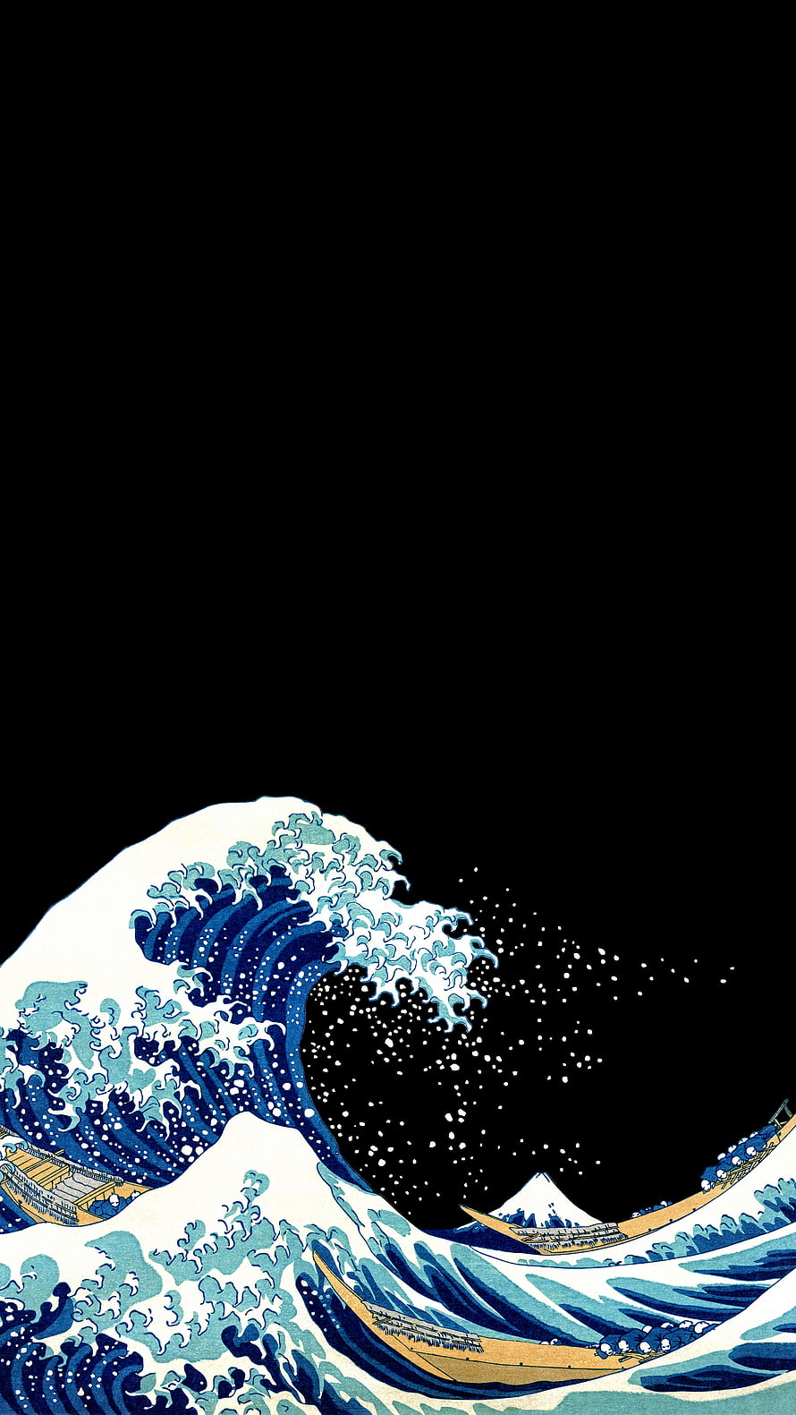 The Great Wave off Kanagawa by Hokusai, Japanese Woodblock Print with Mount Fuji and Boats on Black Background HD phone wallpaper
