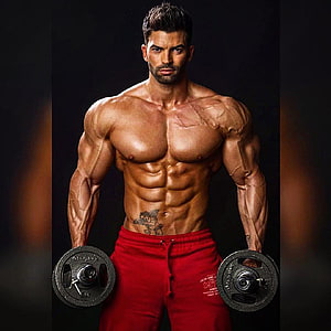 Sergi Constance Muscular Physique Portrait Holding Dumbbells in Red Sweatpants HD phone wallpaper