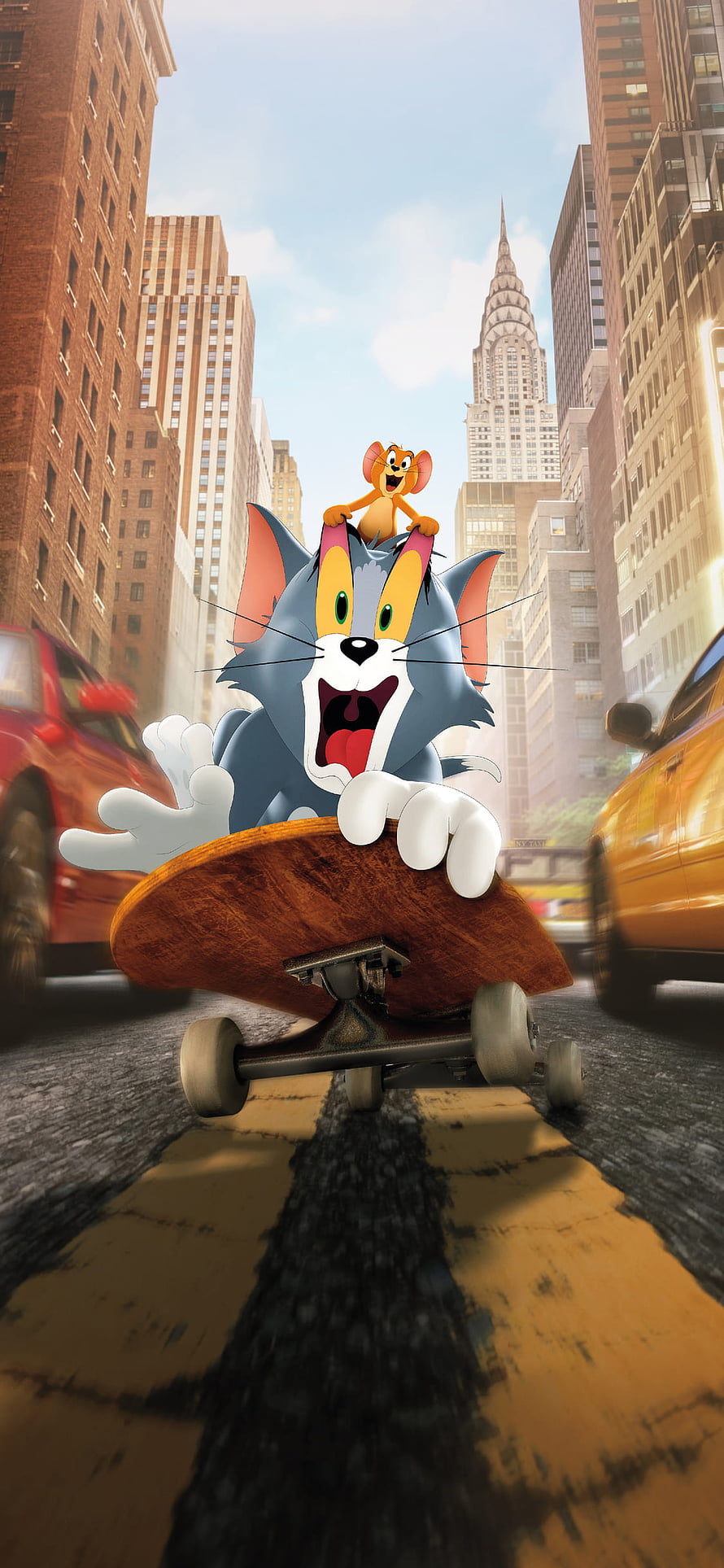 Tom and Jerry Skateboarding Through a Bustling City Street with Iconic Skyscrapers HD phone wallpaper